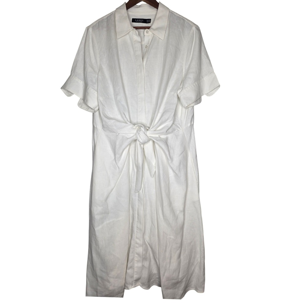 Lauren Ralph Lauren Tie Front Linen Shirtdress White Midi Short Sleeve 16W - Picture 2 of 12
